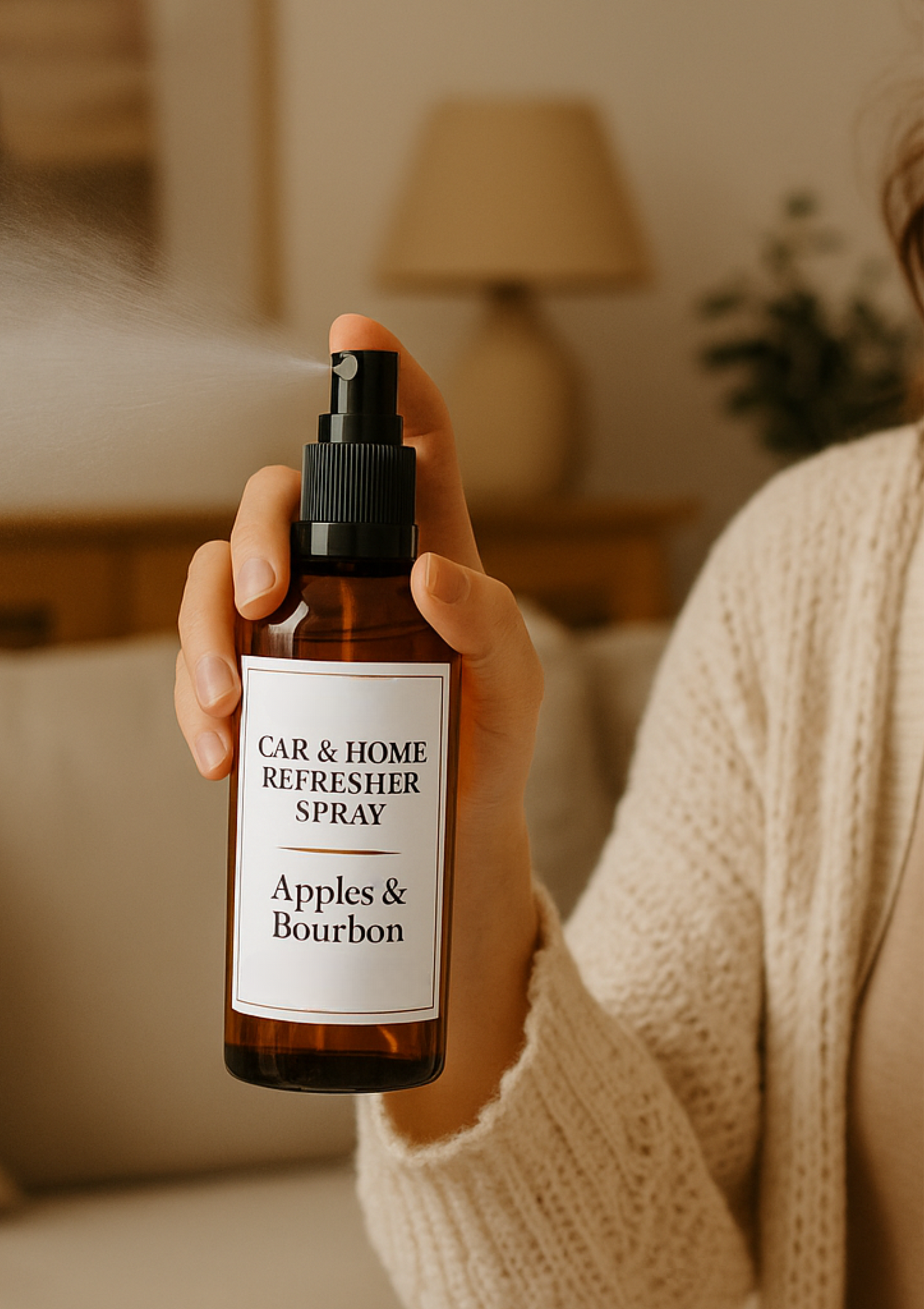A woman spraying Boheme and birch refresher spray in her home