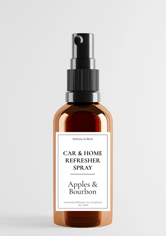 Car & Home Refresher Spray bottle labeled 'Apples & Bourbon' on a light gray background