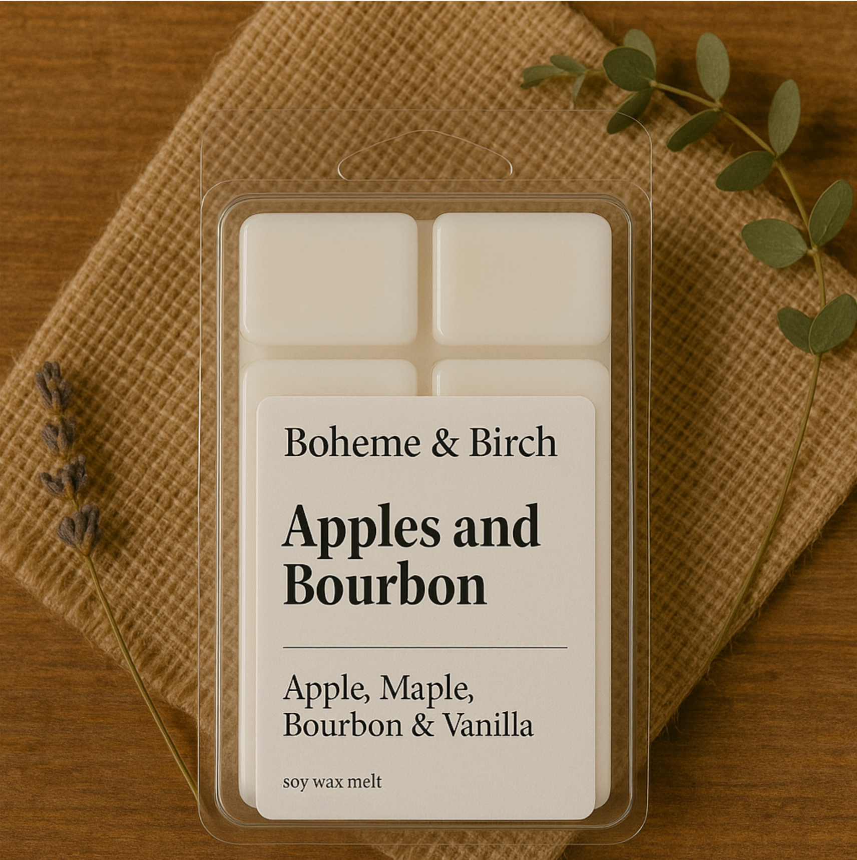 Boheme & Birch 'Apples and Bourbon' candle packaging on a wooden surface with a leafy branch.