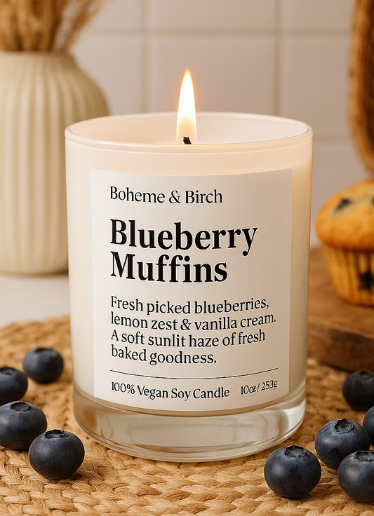 Candle labeled 'Blueberry Muffins' with blueberries and muffins in the background