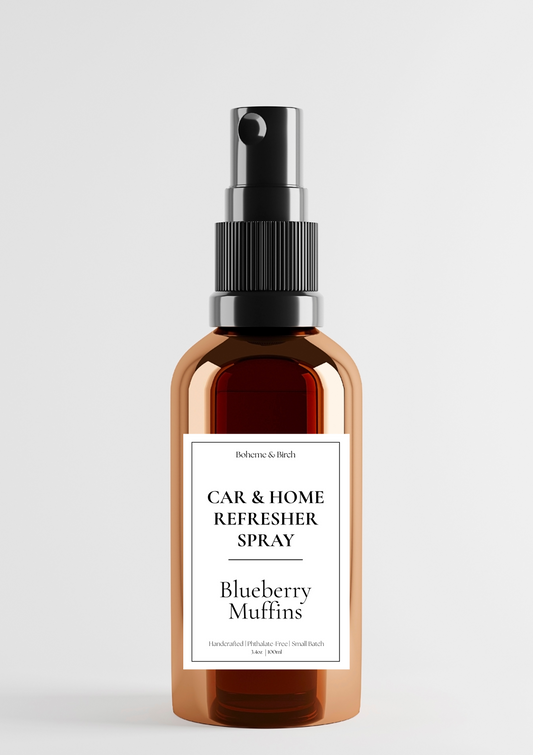 Car & Home Refresher Spray bottle labeled 'Blueberry Muffins' on a light gray background