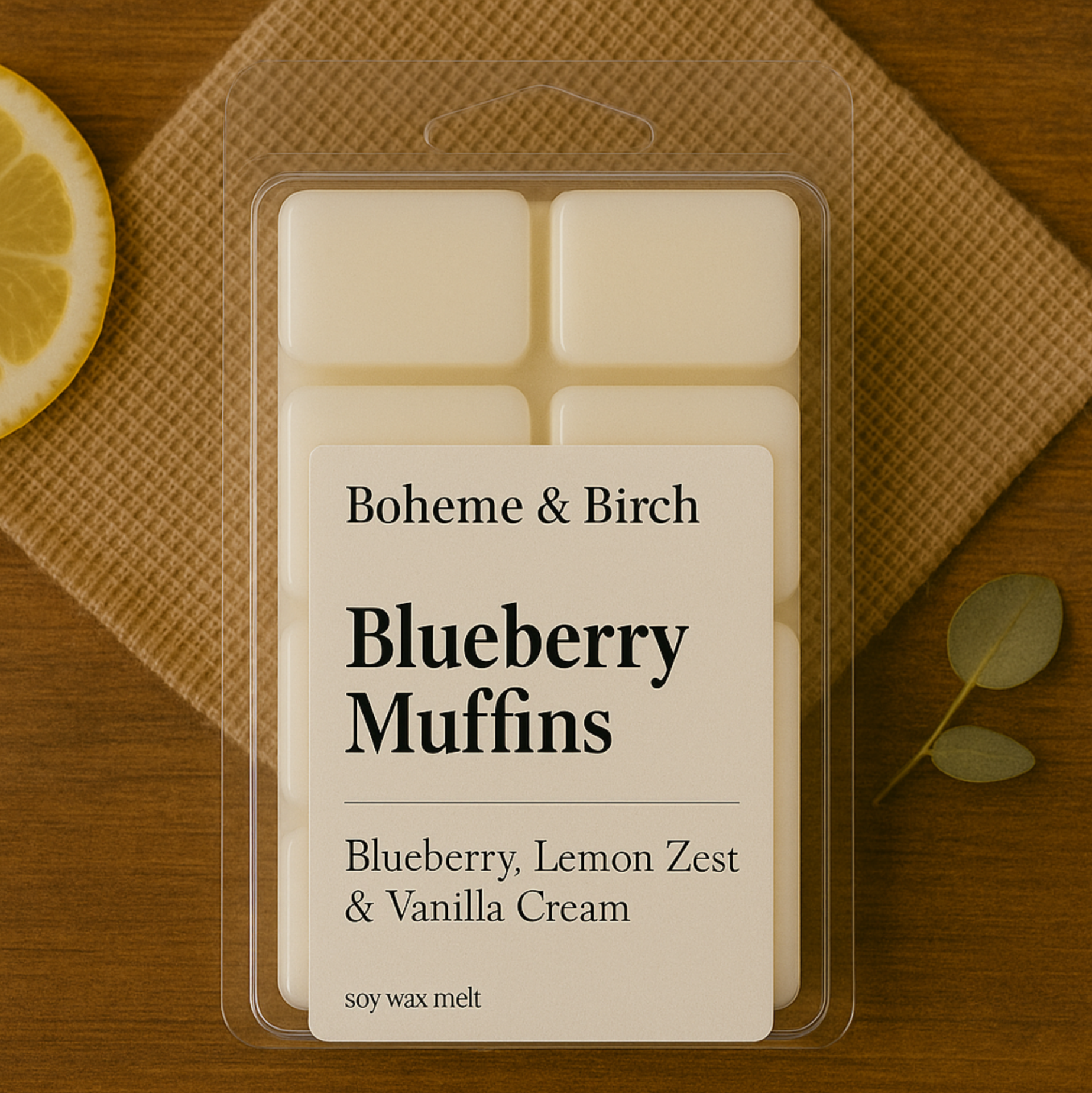 Boheme & Birch Blueberry Muffins wax melt packaging on a wooden surface with a lemon wedge.