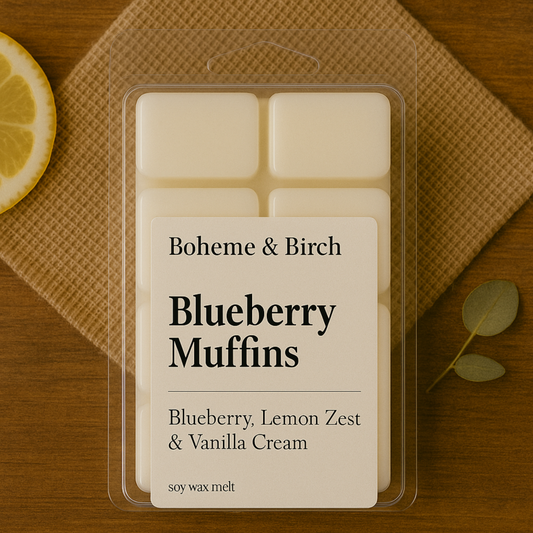 Boheme & Birch Blueberry Muffins wax melt packaging on a wooden surface with a lemon wedge.