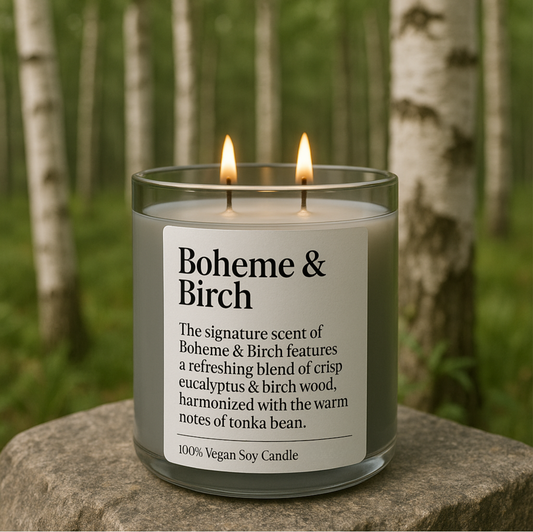 Boheme & Birch candle with two flames against a forest background
