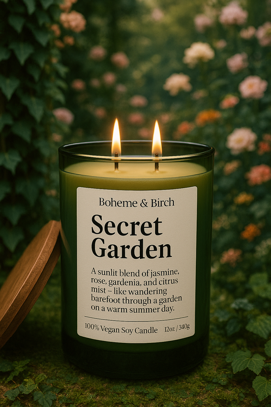 Candle labeled 'Secret Garden' by Boheme & Birch with a floral background