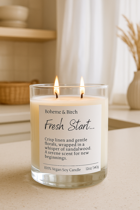 Candle labeled 'Fresh Start' by Boheme & Birch on a neutral background