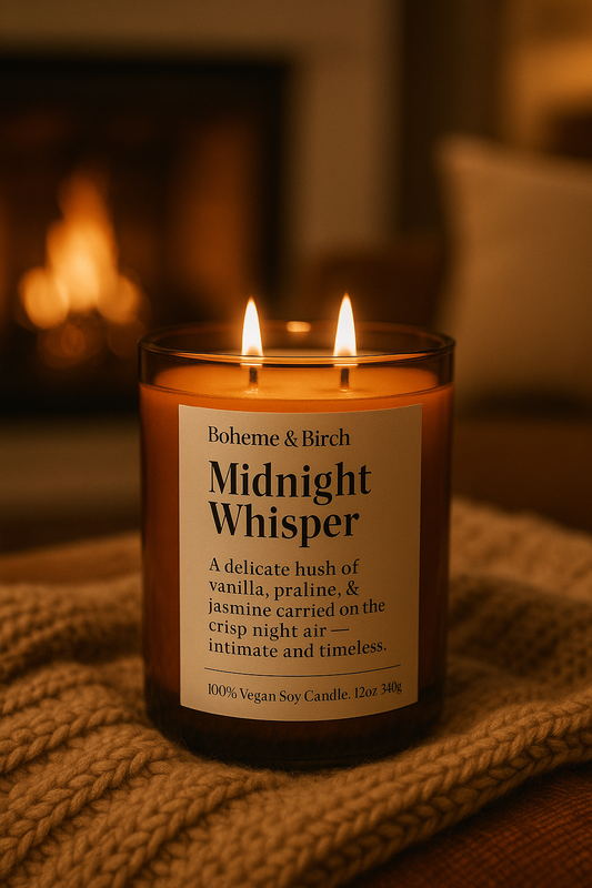 Candle labeled 'Boheme & Birch Midnight Whisper' with a warm glow in front of a fireplace.