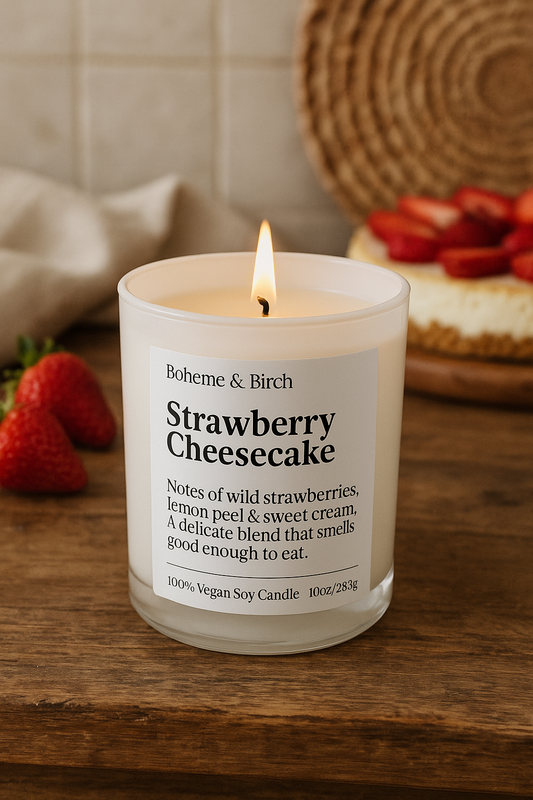 Candle labeled 'Strawberry Cheesecake' by Boheme & Birch on a wooden surface with strawberries in the background.