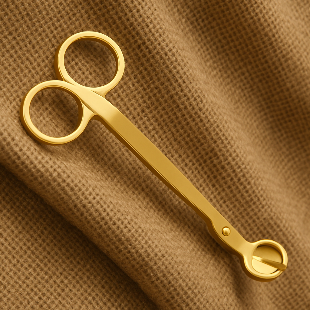 Gold wick trimmers on a brown textured fabric background
