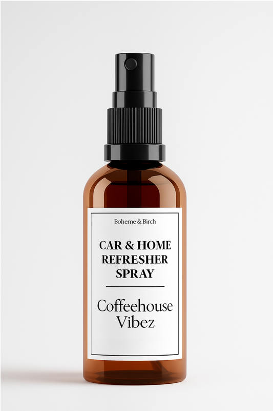 Car & Home Refresher Spray labeled 'Coffeehouse Vibez' on a white background