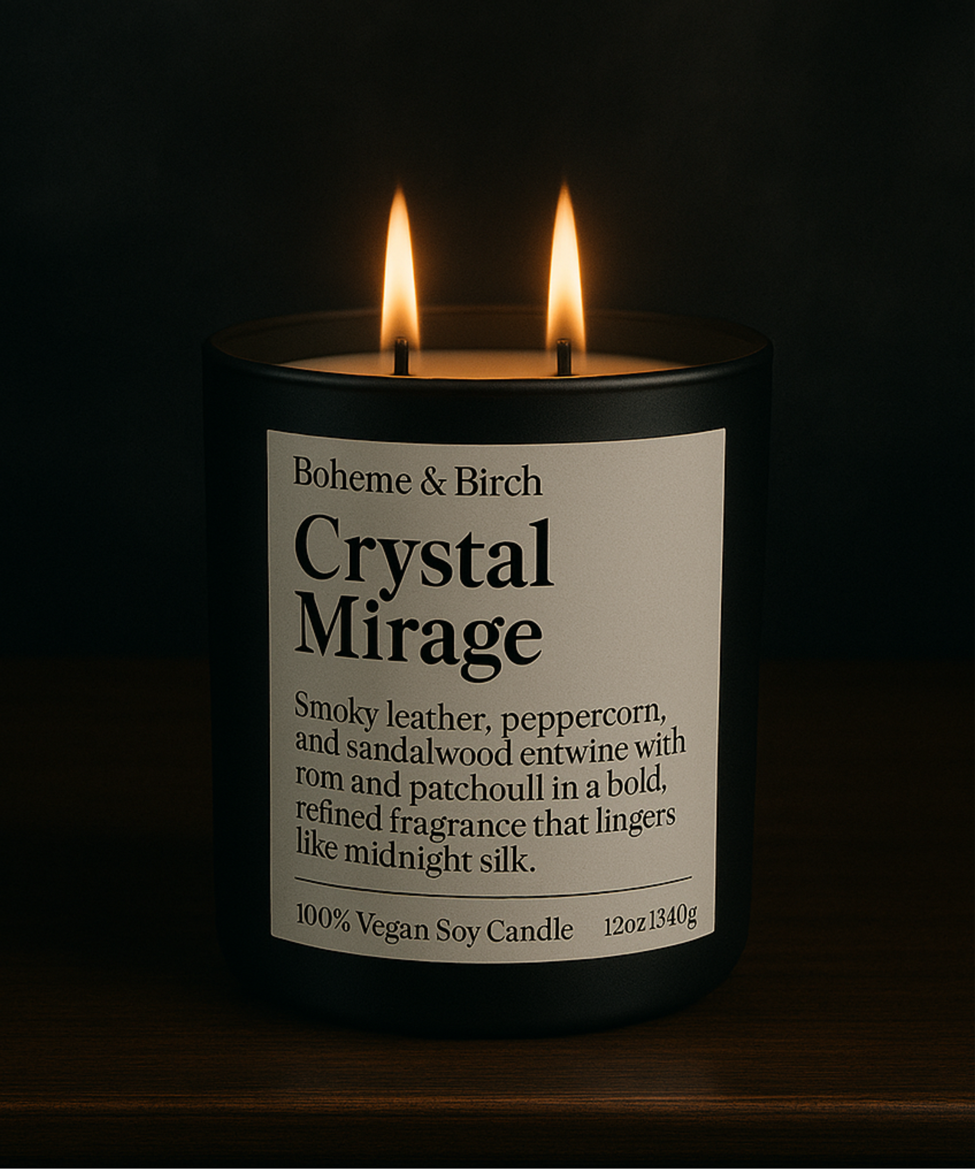 Candle labeled 'Crystal Mirage' by Boheme & Birch with two lit wicks on a dark background.