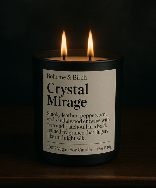 Candle labeled 'Crystal Mirage' by Boheme & Birch with two lit wicks on a dark background.