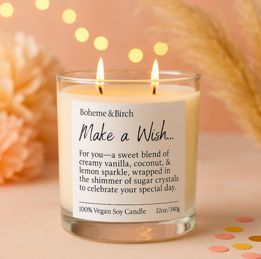 Glass candle with a label on a light background