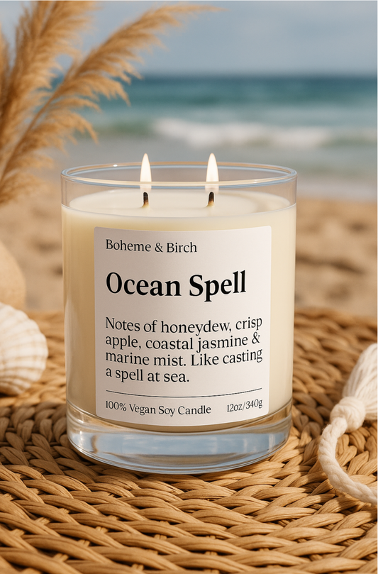 Candle labeled 'Ocean Spell' by Boheme & Birch on a woven surface with a beach background.