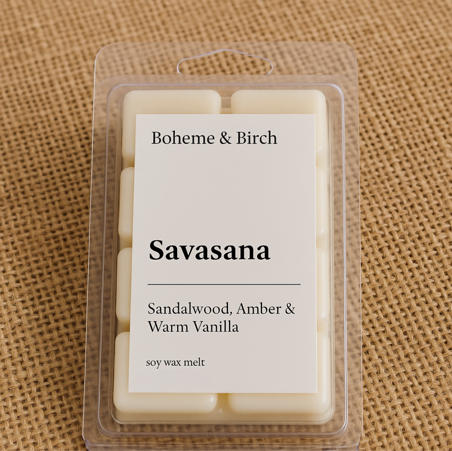 Packaged soy wax melt with 'Boheme & Birch' branding on a textured beige background