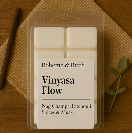 Packaged wax melts with 'Boheme & Birch Vinyasa Flow' label on a wooden surface.