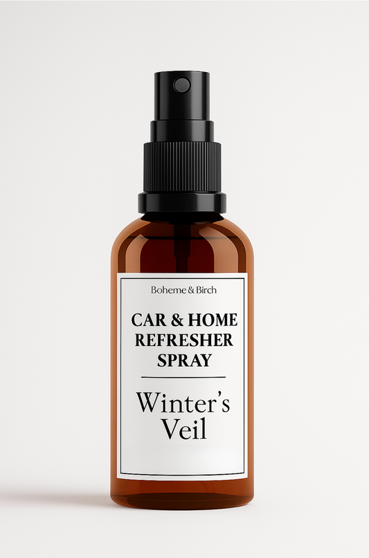 Car & Home Refresher Spray bottle labeled 'Winter's Veil' on a white background