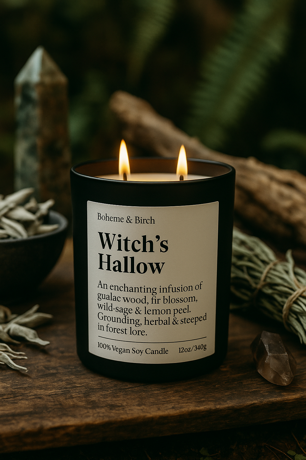 Witch's Hallow candle with label on a wooden surface with herbs and crystals.
