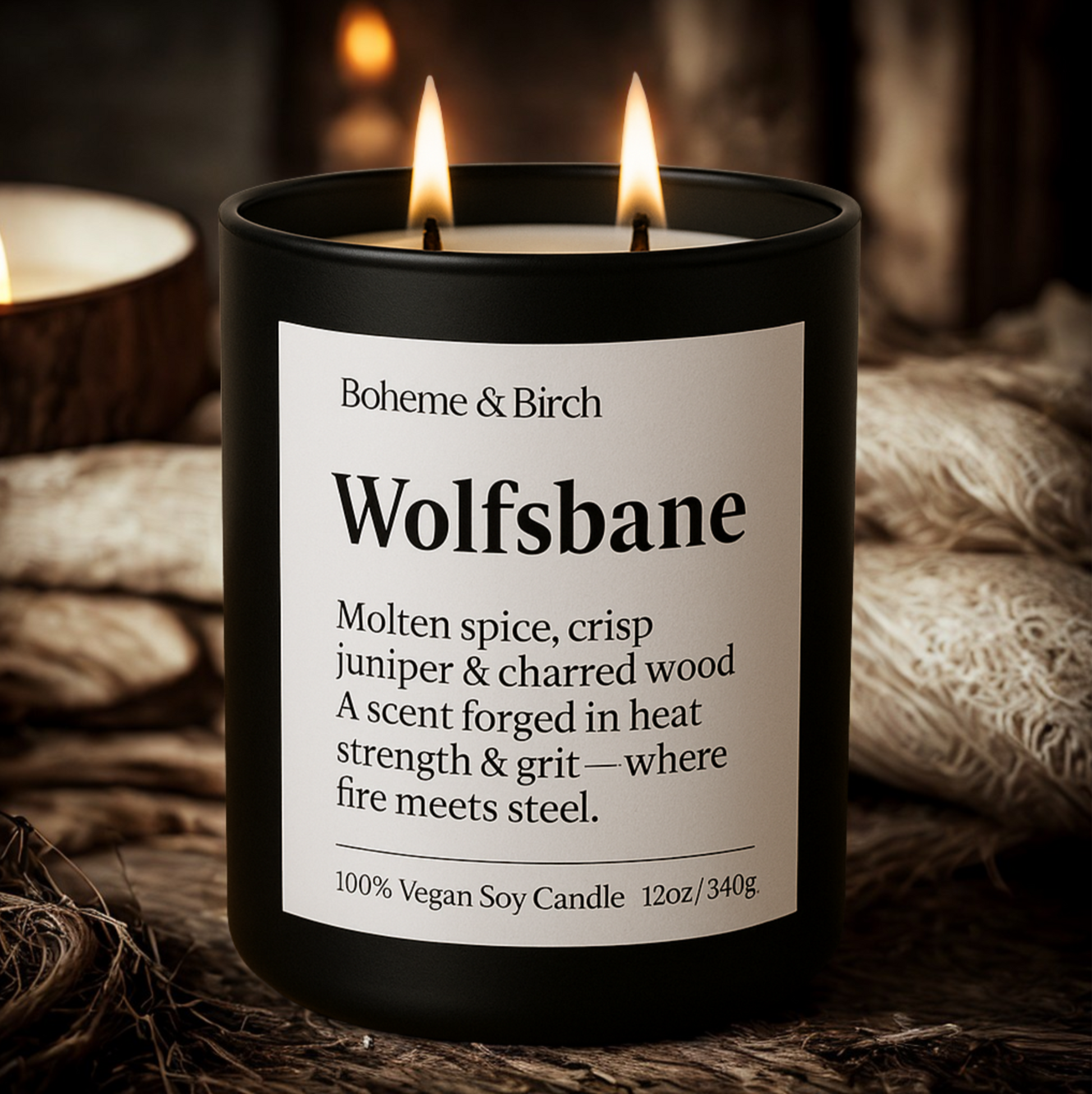 Boheme & Birch Wolfsbane candle with two flames on a dark background