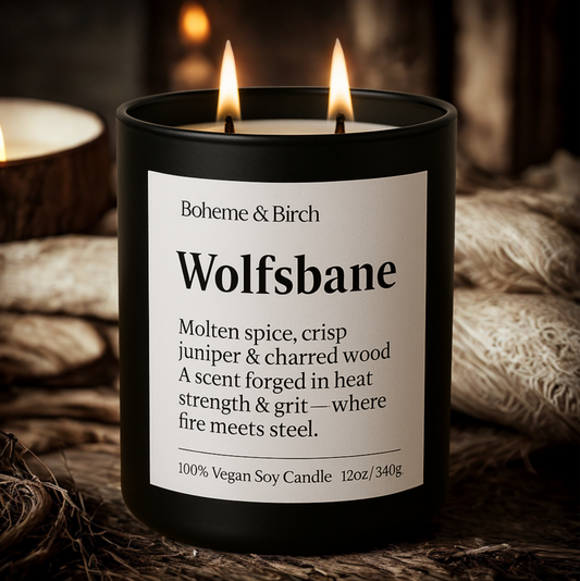 Boheme & Birch Wolfsbane candle with two flames on a dark background